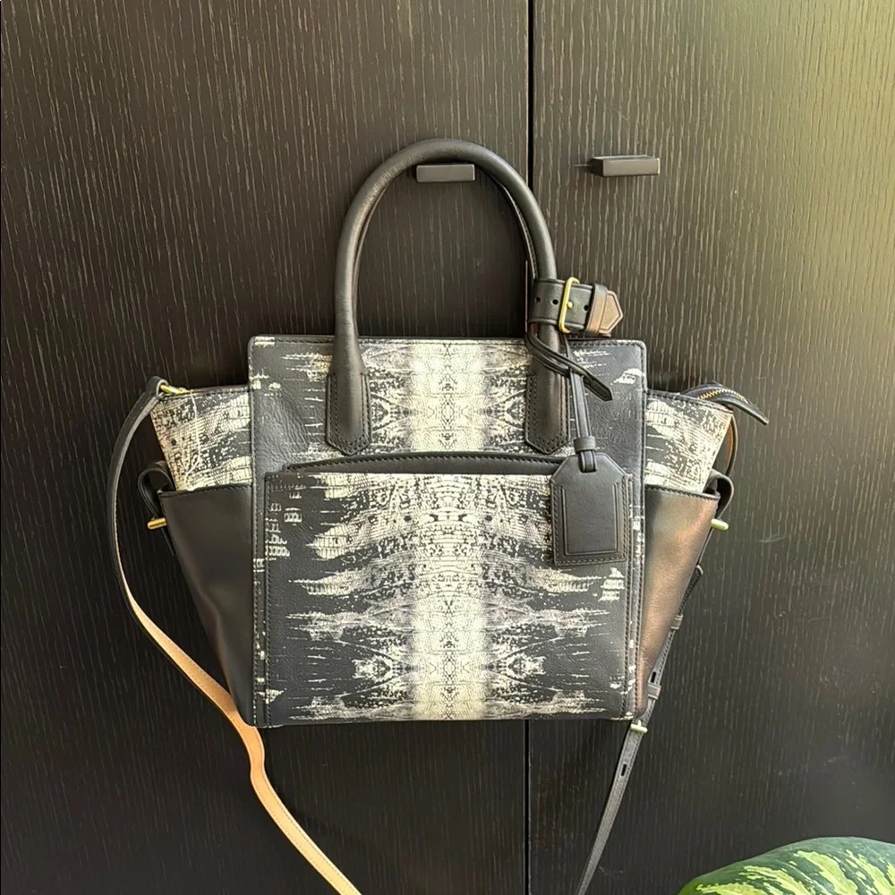 NEW W/ TAGS Reed Krakoff Mini Atlantique Leather Satchel Bag, Black White Lizard
